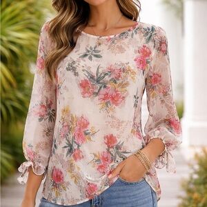 LOFT Women's Petites Shimmer Top Blouse Size MP Beige Pink Green Floral